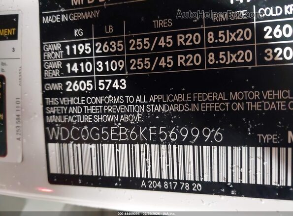 WDC0G5EB6KF569996 2019 MERCEDES-BENZ GLC 350E White VIN კოდის სტიკერის ხედი
