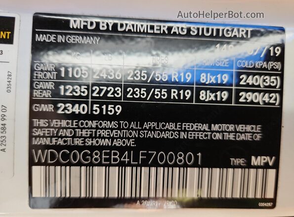 WDC0G8EB4LF700801 2020 MERCEDES-BENZ GLC-CLASS White Vista de la etiqueta del VIN