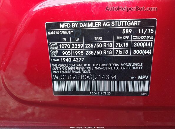WDCTG4EB0GJ214334 2016 MERCEDES-BENZ GLA 250 Red ძრავის განყოფილების ხედი