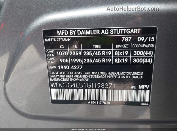 WDCTG4EB1GJ198371 2016 MERCEDES-BENZ GLA 250 Gray Vista del compartimento del motor