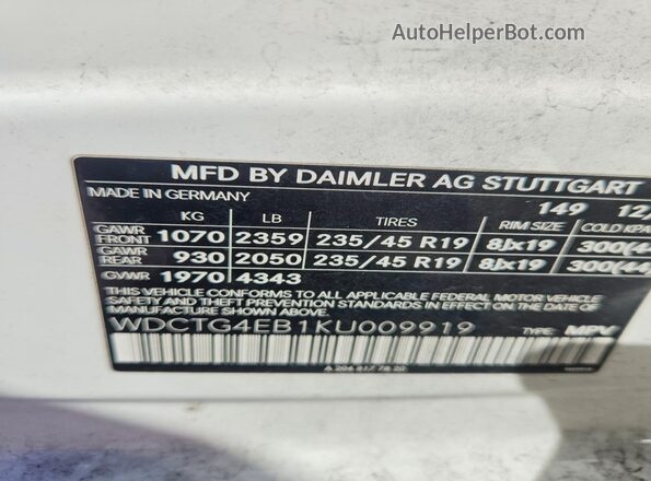 WDCTG4EB1KU009919 2019 MERCEDES-BENZ GLA Белый Панорамный вид салона 360°