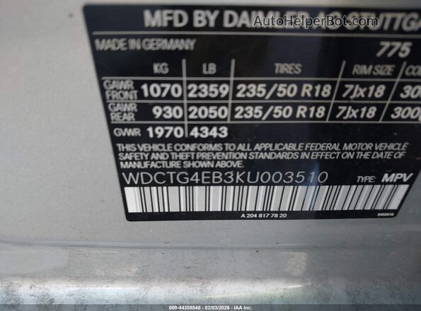 WDCTG4EB3KU003510 2019 MERCEDES-BENZ GLA 250 Silver Widok komory silnika