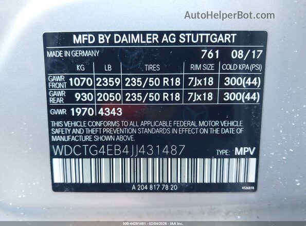 WDCTG4EB4JJ431487 2018 MERCEDES-BENZ GLA 250 Серебряный Вид подкапотного пространства