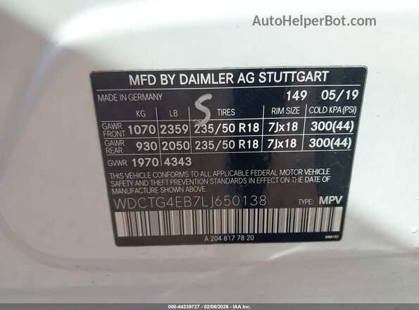 WDCTG4EB7LJ650138 2020 MERCEDES-BENZ GLA 250 White ძრავის განყოფილების ხედი