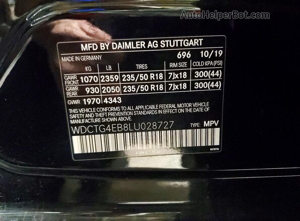 WDCTG4EB8LU028727 2020 MERCEDES-BENZ GLA Черный Вид наклейки с VIN-кодом