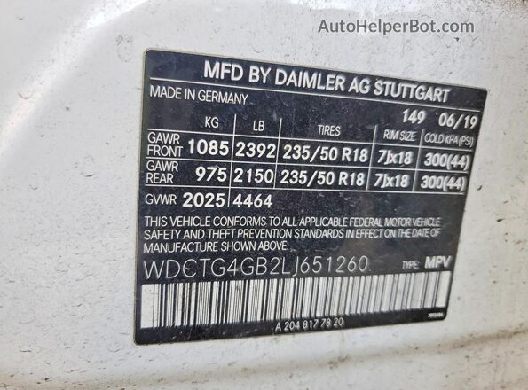 WDCTG4GB2LJ651260 2020 MERCEDES-BENZ GLA White 