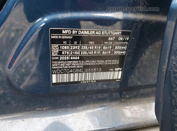 WDCTG4GB4LJ666813 2020 MERCEDES-BENZ GLA Blue VIN sticker view