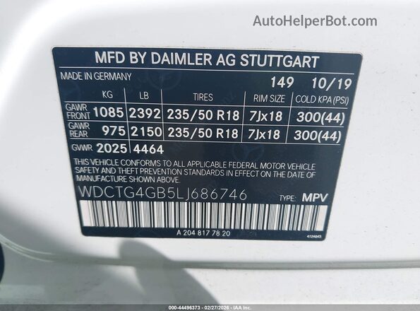 WDCTG4GB5LJ686746 2020 MERCEDES-BENZ GLA 250 White 