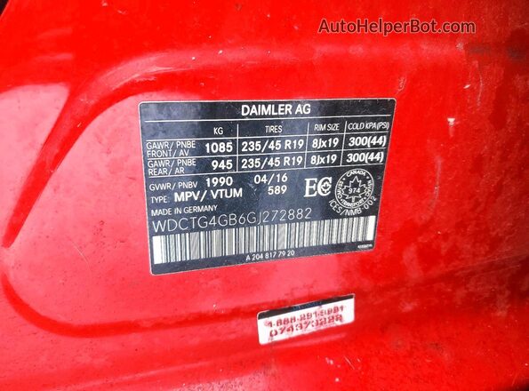 WDCTG4GB6GJ272882 2016 MERCEDES-BENZ GLA Красный Вид наклейки с VIN-кодом