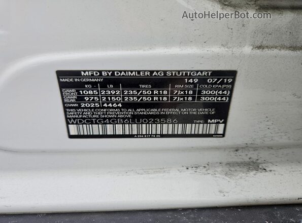 WDCTG4GB6LU023586 2020 MERCEDES-BENZ GLA White Вид наклейки з VIN-кодом