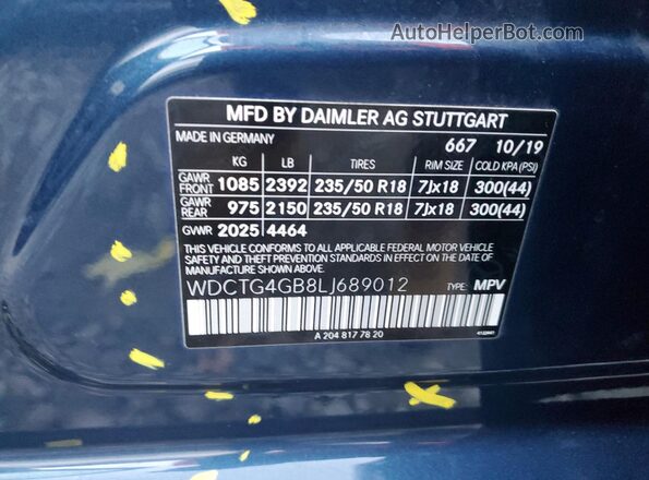 WDCTG4GB8LJ689012 2020 MERCEDES-BENZ GLA Синий Вид наклейки с VIN-кодом