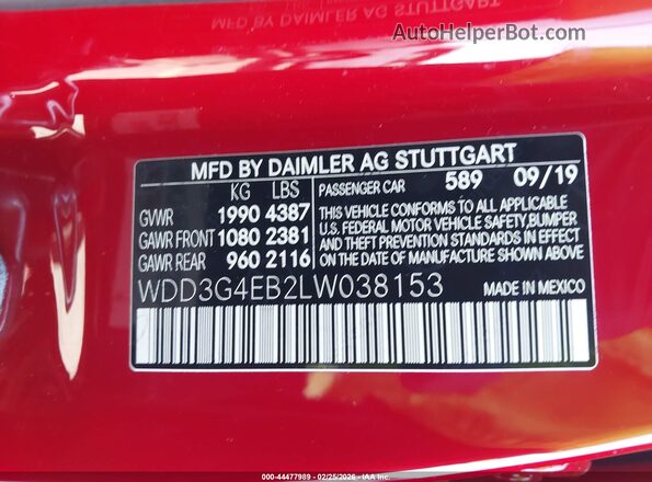 WDD3G4EB2LW038153 2020 MERCEDES-BENZ A 220 Red Շարժիչի բաժամունքի տեսք
