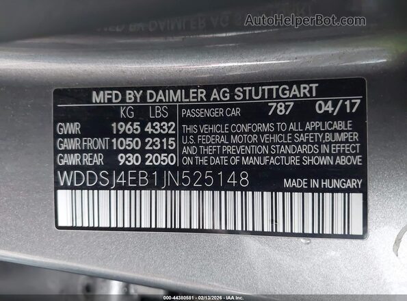 WDDSJ4EB1JN525148 2018 MERCEDES-BENZ CLA 250 Gray Vista del compartimento del motor