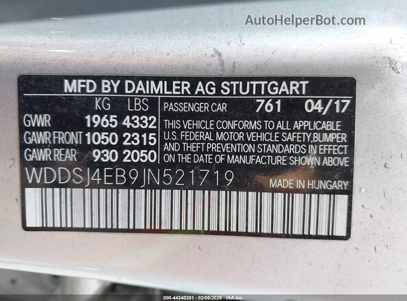 WDDSJ4EB9JN521719 2018 MERCEDES-BENZ CLA 250 Silver 
