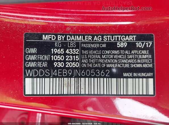 WDDSJ4EB9JN605362 2018 MERCEDES-BENZ CLA 250 Red Vista del compartimento del motor