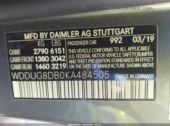 WDDUG8DB0KA484505 2019 MERCEDES-BENZ S-CLASS Gray Вид підкапотного простору