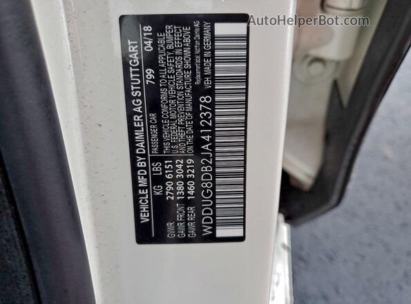 WDDUG8DB2JA412378 2018 MERCEDES-BENZ S White VIN კოდის სტიკერის ხედი