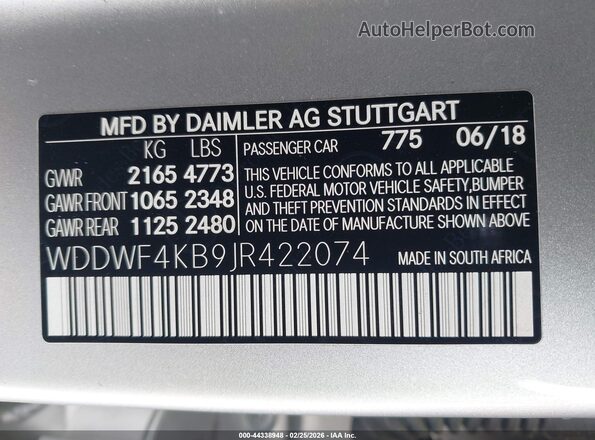 WDDWF4KB9JR422074 2018 MERCEDES-BENZ C-CLASS Silver 
