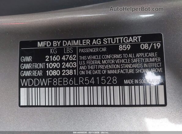 WDDWF8EB6LR541528 2020 MERCEDES-BENZ C-CLASS Gray Շարժիչի բաժամունքի տեսք