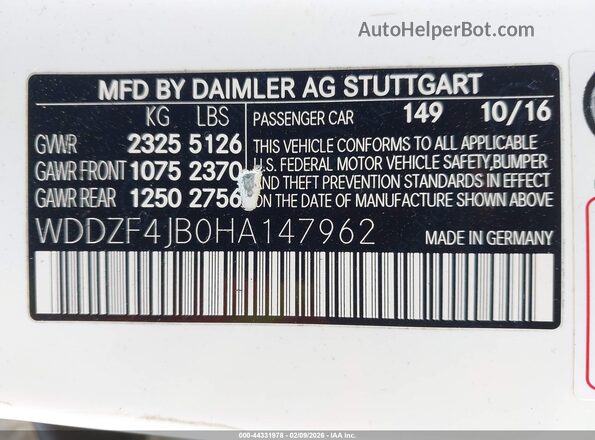 WDDZF4JB0HA147962 2017 MERCEDES-BENZ E-CLASS White Շարժիչի բաժամունքի տեսք