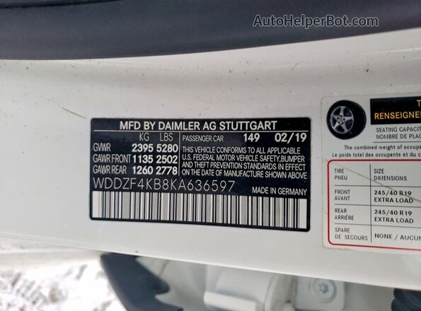 WDDZF4KB8KA636597 2019 MERCEDES-BENZ E White Շարժիչի բաժամունքի տեսք