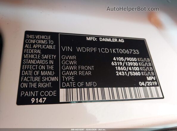 WDRPF1CD1KT006733 2019 FREIGHTLINER SPRINTER 2500 White ძრავის განყოფილების ხედი
