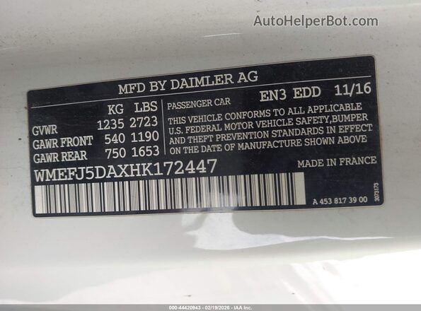 WMEFJ5DAXHK172447 2017 SMART FORTWO Blue 