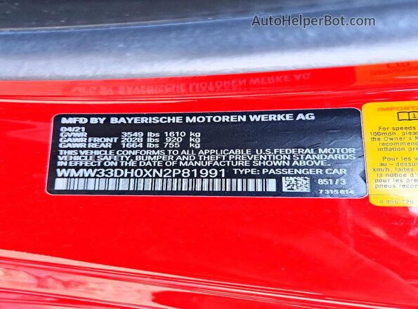 WMW33DH0XN2P81991 2022 MINI COOPER Red VIN კოდის სტიკერის ხედი