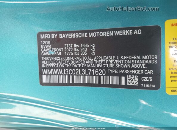 WMWWJ3C02L3L71620 2020 MINI CONVERTIBLE Turquoise Widok komory silnika