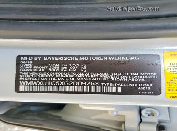 WMWXU1C5XG2D09263 2016 MINI COOPER Gray Вид наклейки з VIN-кодом