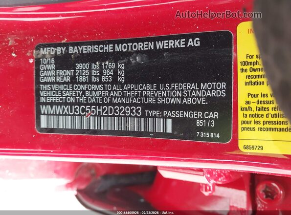 WMWXU3C55H2D32933 2017 MINI HARDTOP Red 