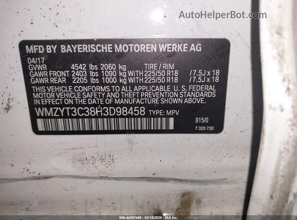 WMZYT3C38H3D98458 2017 MINI COUNTRYMAN White Vista del compartimento del motor
