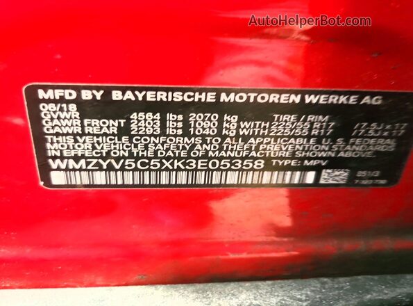 WMZYV5C5XK3E05358 2019 MINI COOPER Red Vista de la etiqueta del VIN