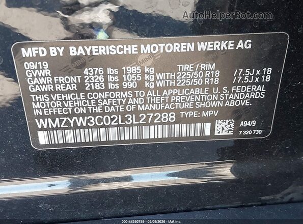 WMZYW3C02L3L27288 2020 MINI COUNTRYMAN Black ძრავის განყოფილების ხედი