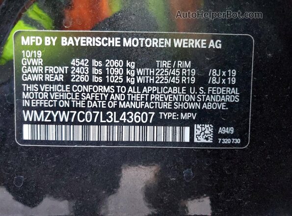 WMZYW7C07L3L43607 2020 MINI COOPER Black Vista de la etiqueta del VIN