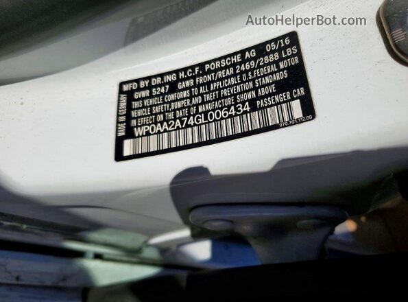 WP0AA2A74GL006434 2016 PORSCHE PANAMERA White ძრავის განყოფილების ხედი