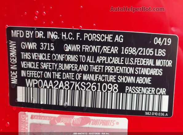 WP0AA2A87KS261098 2019 PORSCHE 718 CAYMAN Red 