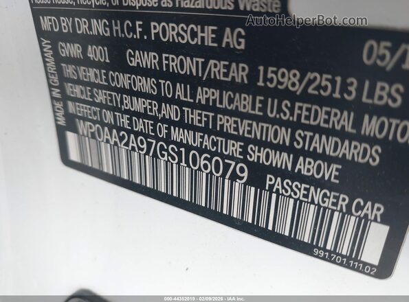 WP0AA2A97GS106079 2016 PORSCHE 911 White Widok komory silnika
