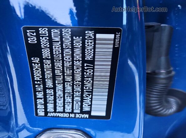 WP0AA2Y15MSA15617 2021 PORSCHE TAYCAN Blue Вид підкапотного простору