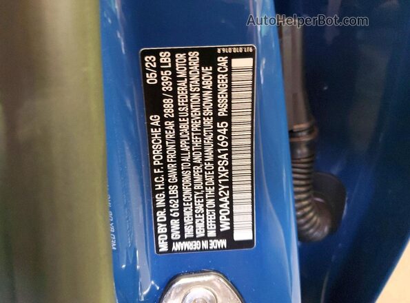WP0AA2Y1XPSA16945 2023 PORSCHE TAYCAN Blue Widok naklejki z numerem VIN