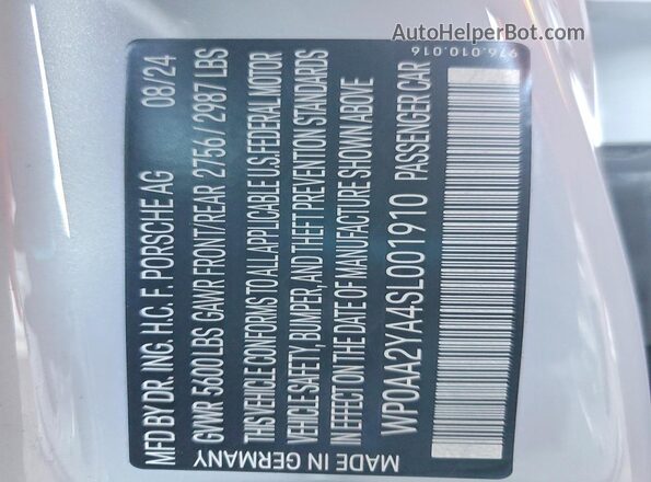 WP0AA2YA4SL001910 2025 PORSCHE PANAMERA White VIN sticker view