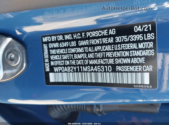 WP0AB2Y11MSA45310 2021 PORSCHE TAYCAN Brown Vista del compartimento del motor