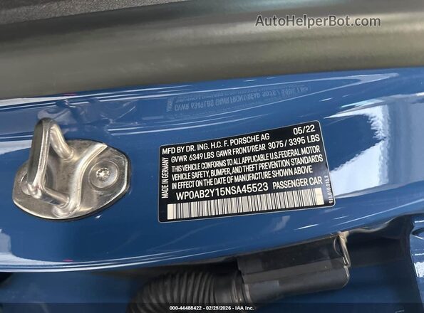 WP0AB2Y15NSA45523 2022 PORSCHE TAYCAN Blue Vista del compartimento del motor