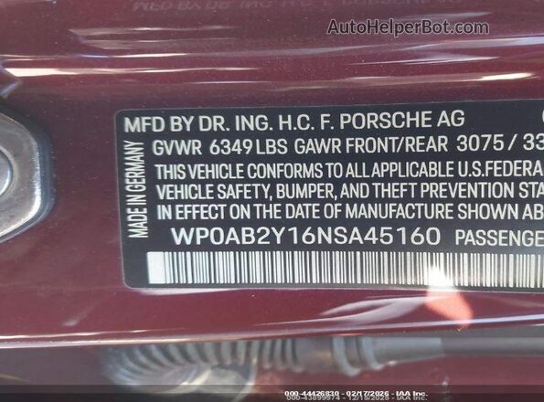 WP0AB2Y16NSA45160 2022 PORSCHE TAYCAN Maroon Vista del compartimento del motor