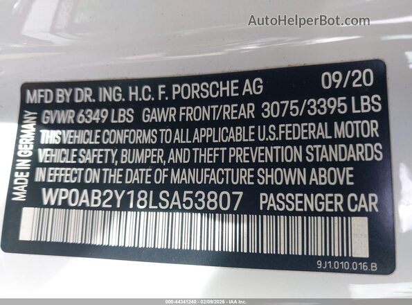 WP0AB2Y18LSA53807 2020 PORSCHE TAYCAN White Շարժիչի բաժամունքի տեսք