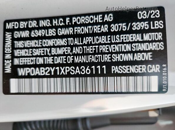 WP0AB2Y1XPSA36111 2023 PORSCHE TAYCAN Gray Widok naklejki z numerem VIN