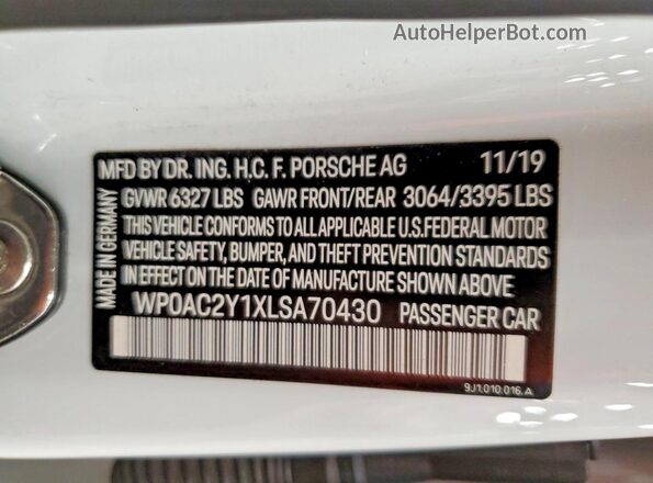 WP0AC2Y1XLSA70430 2020 PORSCHE TAYCAN White VIN კოდის სტიკერის ხედი