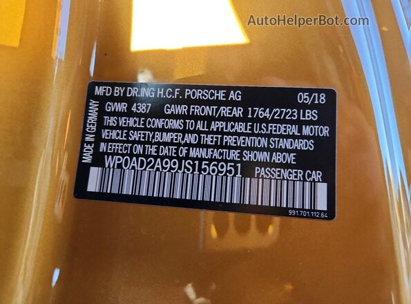 WP0AD2A99JS156951 2018 PORSCHE 911 Orange VIN sticker view