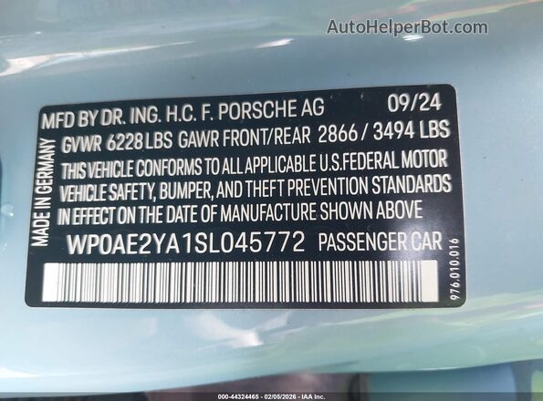 WP0AE2YA1SL045772 2025 PORSCHE PANAMERA Light Blue Вид подкапотного пространства