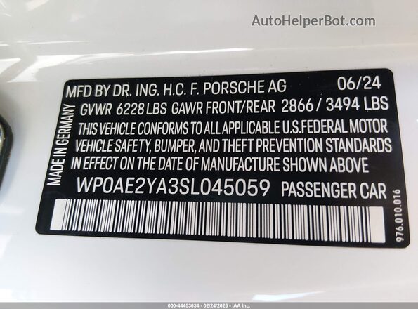 WP0AE2YA3SL045059 2025 PORSCHE PANAMERA White ძრავის განყოფილების ხედი